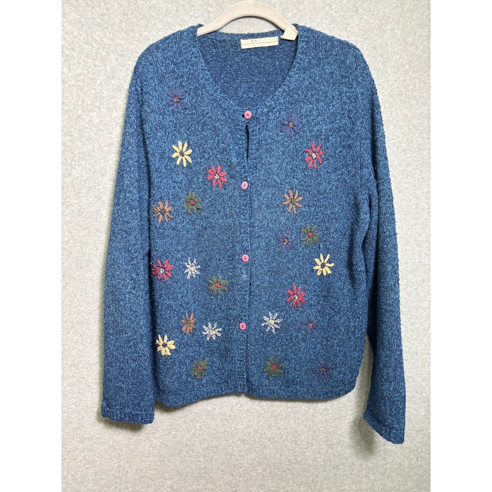 Blue Marled Floral Embroidered Cardigan Sweater Cottagecore Grandpa Chic L Artsy